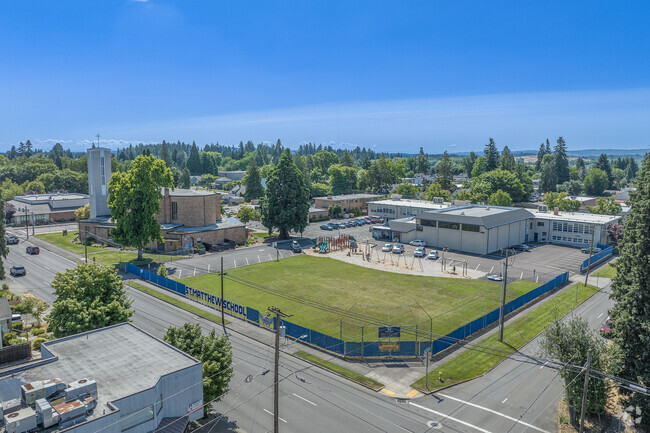 Establishing aerial view of the St. Matthews Catholic School grounds in Hillsboro, Oregon.