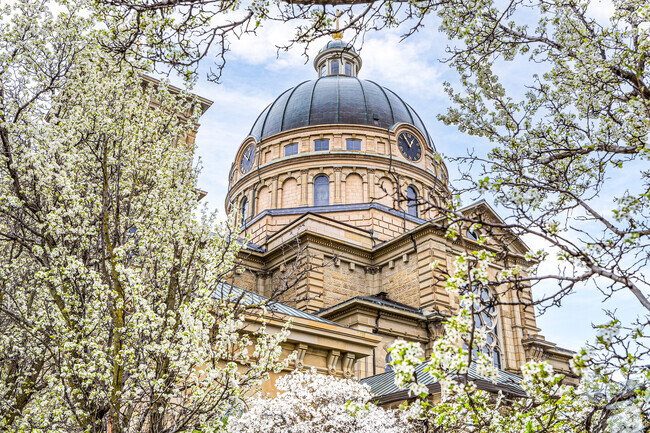 Spring surrounds The Basilica of St. Josephat near Clock Tower Acres.