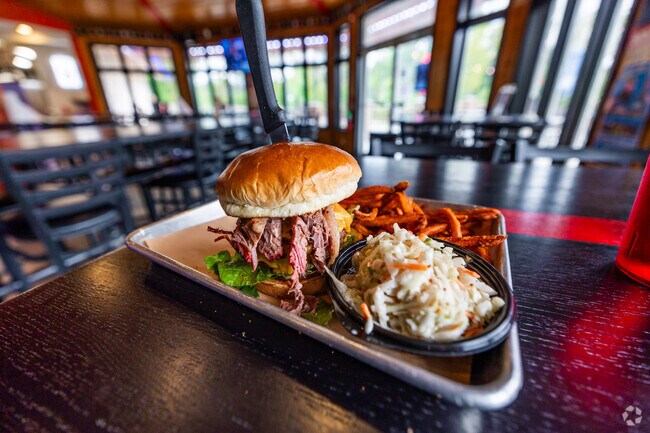 Try the Burger Brisket at BBQ'd Productions with sweet potato fries and coleslaw.