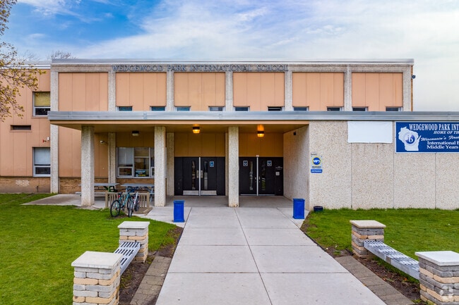 The entry of Wedgewood Park International School in the Root Creek neighborhood.