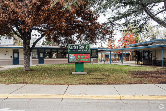 The front of Garden Gate Elementary School in Cupertino, California.