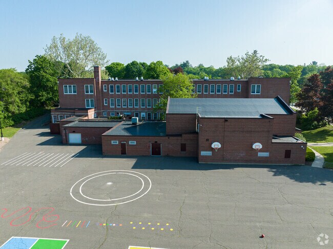 An aerial shot of the blacktop at the Union School.