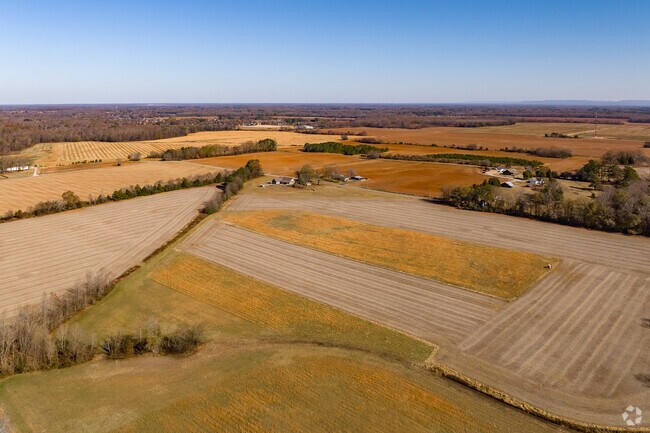 Aerial view of farmland in Ready Crossing, Ardmore, Tennessee.