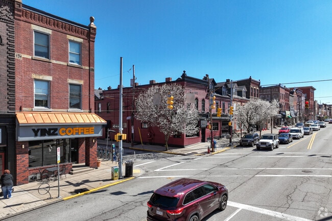 Liberty Avenue is lined with local businesses.