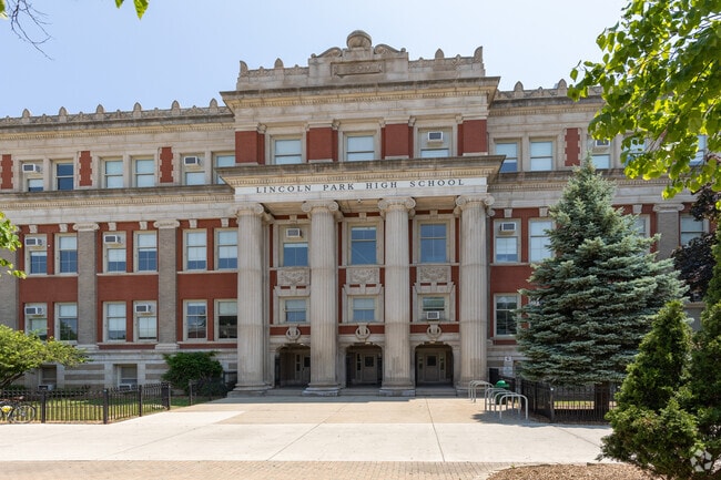 Lincoln Park High School main grand four pillar entrance, Chicago, IL.
