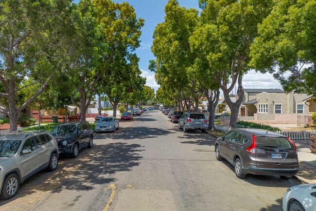 Tree-lined streets in North Chula Vista provide shade and a quiet suburban atmosphere.
