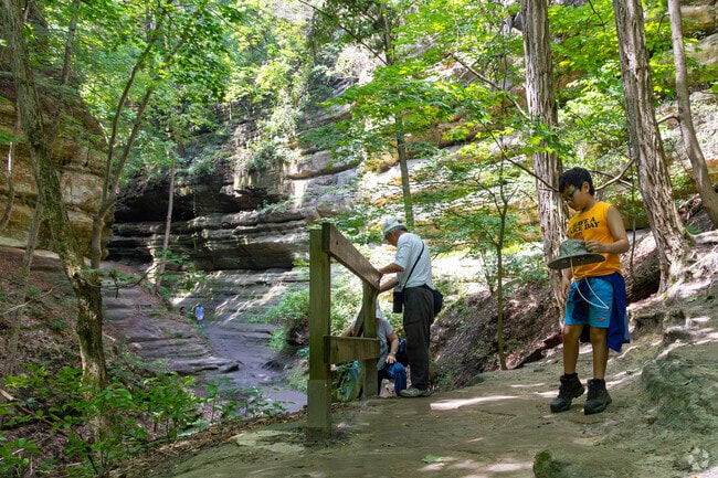 Starved Rock State Park covers about 2,630 acres and features waterfalls, trails, and more.