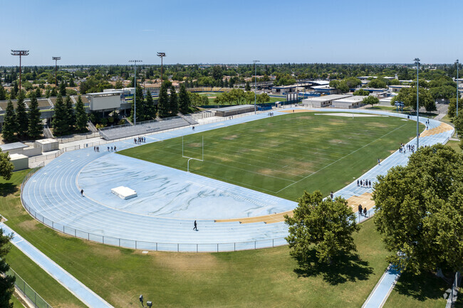 There is a large track Clovis High School for student athletes to practice.