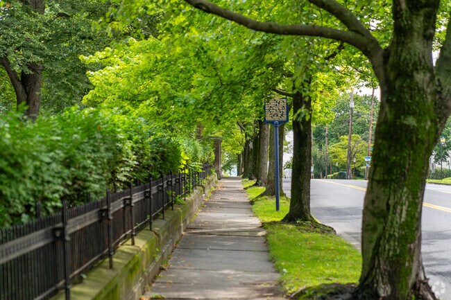Tree-shaded sidewalks offer a beautiful setting for a walk in Fountain Hill.