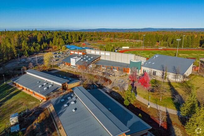 There are many sport fields and unique buildings at Foresthill High School.