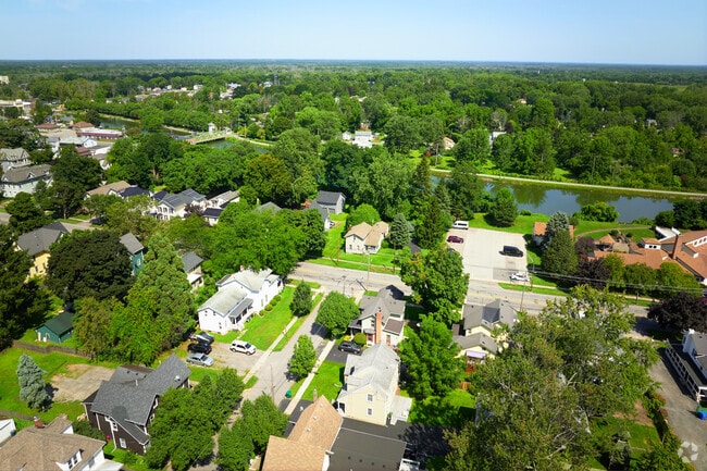 Aerial view of State Street in Clarkson along the Erie Canal.