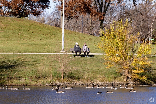 Friends enjoy the view of the pond at McCarty Park.