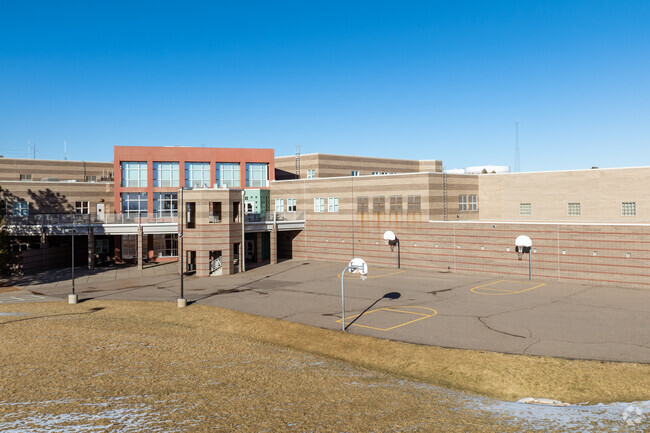 The basketball courts and play area at Thornton Middle School in Thornton, Colorado.