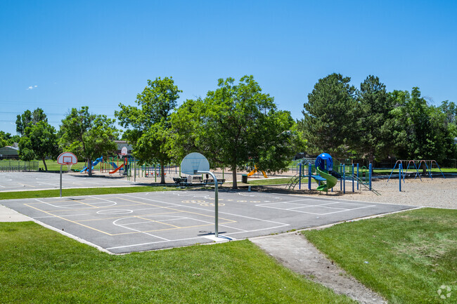 The sports courts and playground at Sheridan Green Elementary in Broomfield, Colorado.