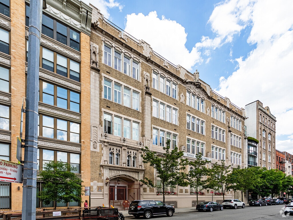 Notre Dame School side angle view of the gorgeous, aged building in West Village.