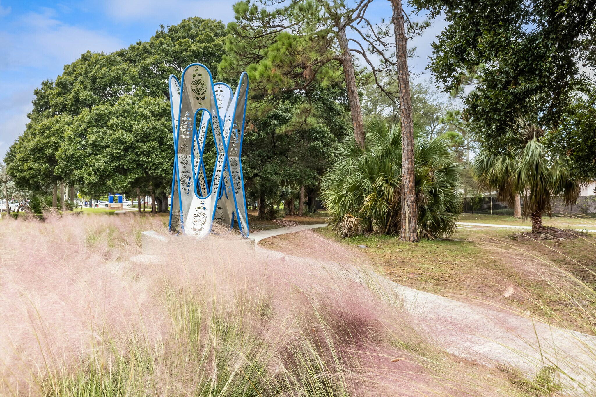 A sculpture and plenty of green space at Dillard Green Space Park.