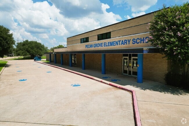 The bus drop-off zone is a bust place at Pecan Grove Elementary School.
