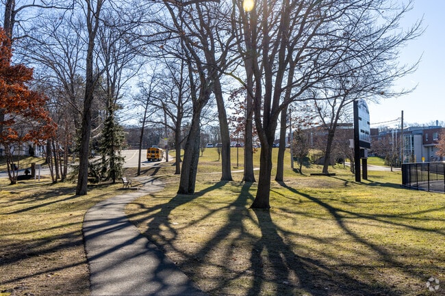 A walkway up to the Reading High School in Reading, MA.