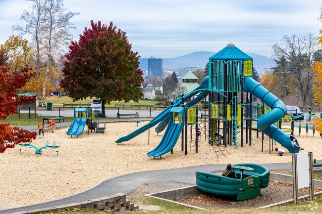 The playground at Derryfield Park overlooking the city in Manchester, NH.