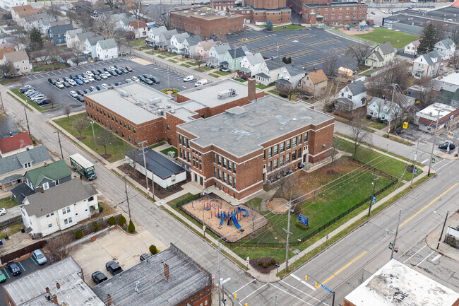 Aerial view of Constellation Schools: Old Brooklyn Community Middle School and amenities.