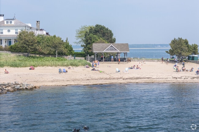 The gazebo at du Bois Beach offers a launching point for sunbathers, swimmers, and diving clubs.
