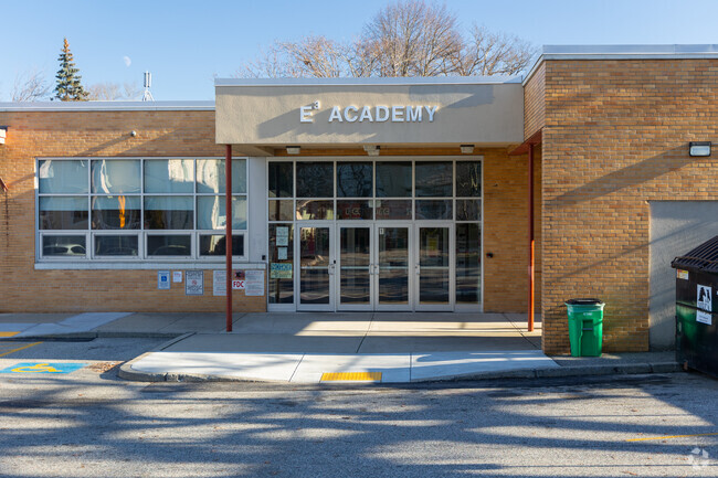 Main entrance at Signage at E-Cubed Academy in Wanskuck, Providence, RI.