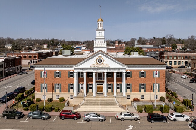 The McMinn County Courthouse stands in the center of downtown Athens.