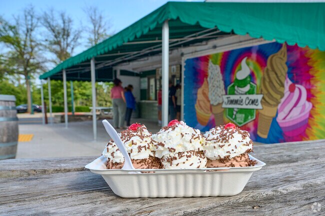 Treat yourself to a Super Banana Boat Sundae at Jimmie Cone in Damascus, Maryland.