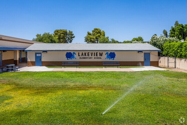 Captivating artwork over a grass play area at Lakeview Elementary School in Phoenix.