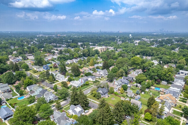Overview of Audubon neighborhood with the Philadelphia skyline in the near distance.
