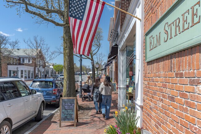 Elm Street offers shopping and dining along brick sidewalks in downtown New Canaan.
