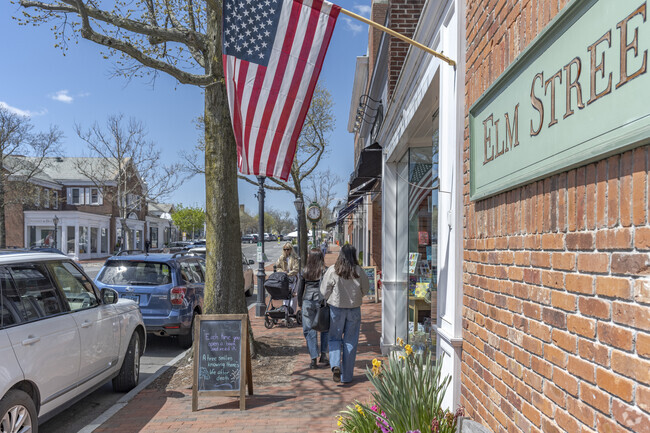 Elm Street offers shopping and dining along brick sidewalks in downtown New Canaan.