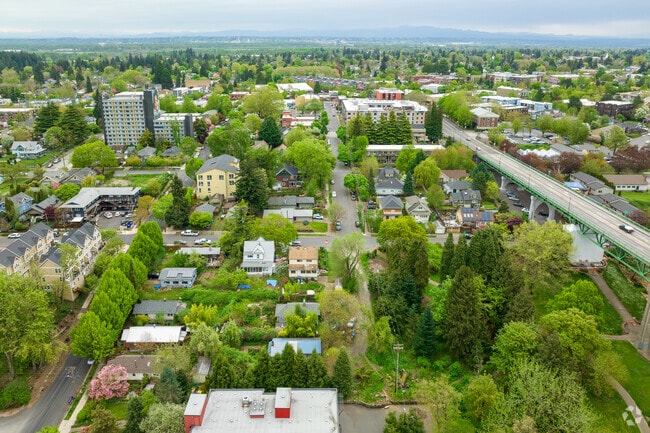 Northeast view from beside St John's Bridge toward the Columbia River and Vancouver waterfront.