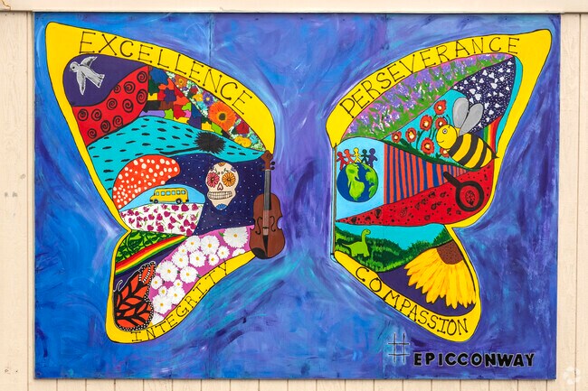 A butterfly mural decorates a wall at the Conway Elementary School in Escondido.