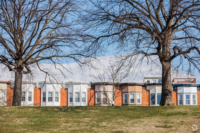 Peeking out behind the hills of Patterson Park are traditional brick row homes.