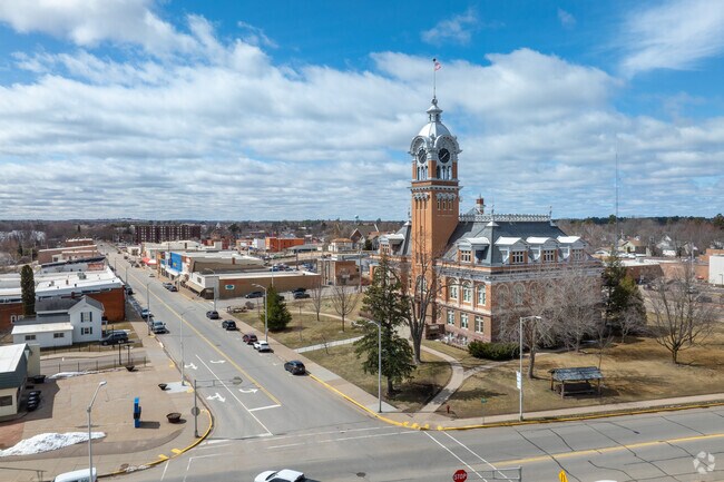 Merrill's historic Lincoln County Courthouse towers over Main Street.