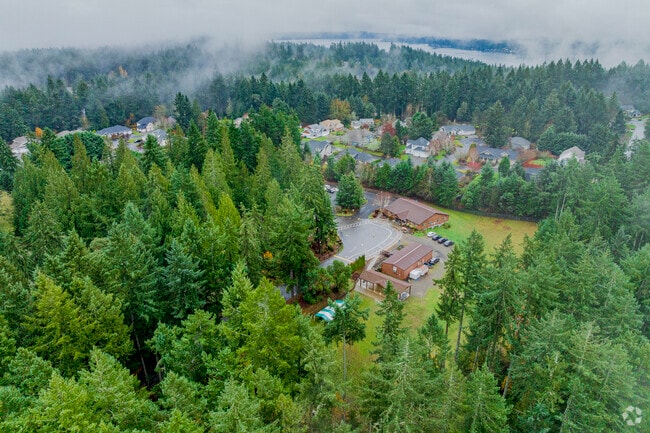 Aerial perspective of Gig Harbor Academy surrounded by large tree growth.