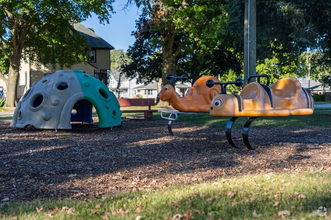 Lions Park features a playground and shaded pavilion for community gatherings.