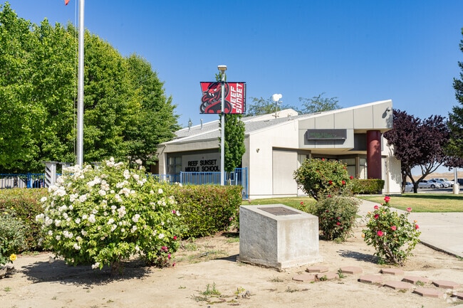 Several mascot banners are displayed around the Reef Sunset Middle School campus in Avenal.