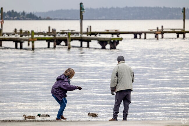 Locals skip rocks along the shoreline of Marina Park Public Beach in the Central Houghton area.