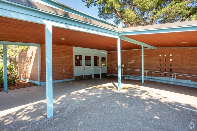 The main covered entrance at Floyd Light Middle School.