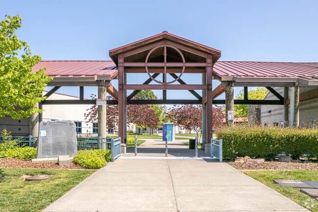 Rocklin High School main entrance welcomes all students.