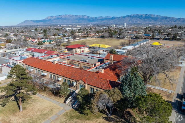 Bandelier Elementary School and Sandia Mountains in the distance.