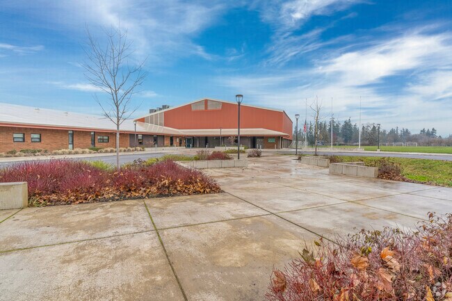 Well maintained landscaping at North Marion Middle School entrance in Aurora, OR.