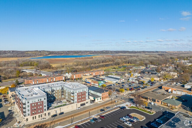 The historic downtown of Shakopee overlooks the river valley.