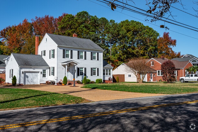 Colonial style homes stand out in Poquoson Shores-Powhatan Place.