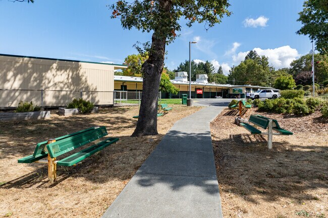 Shade trees at the Baechtel Grove Middle School create an inviting entrance.