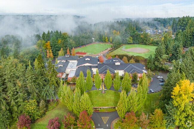 Aerial perspective of Harbor Ridge Middle School showing off sports fields.