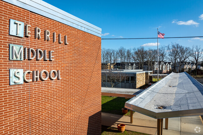 An elevated view of Terrill Middle School's signage, situated in Scotch Plains, NJ.