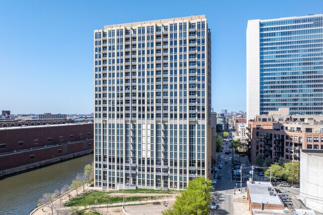 River North has condo buildings along the riverfront.